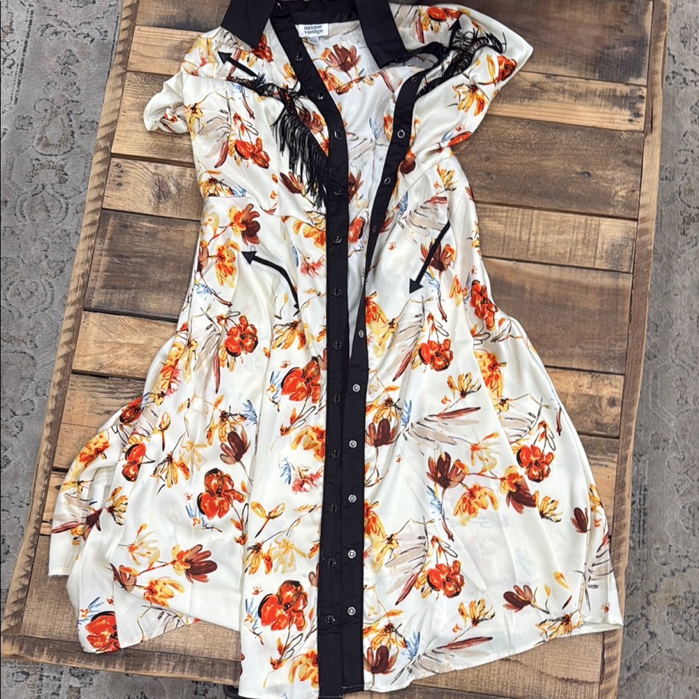 Unique Vintage Floral  Dress with Black Trim